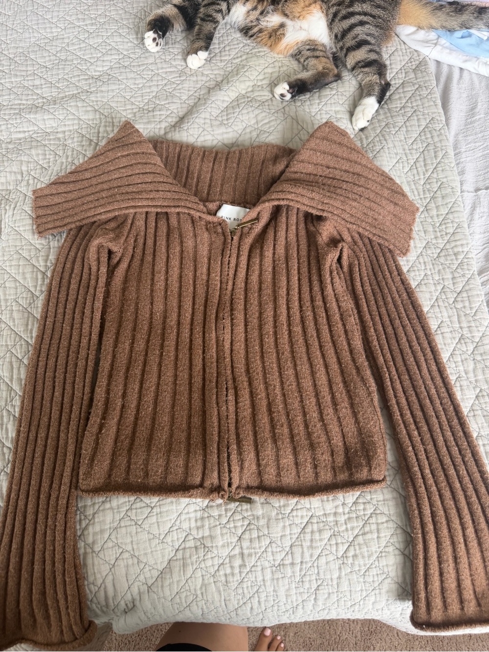 Pink Rose Brown Ribbed Off-Shoulder Sweater